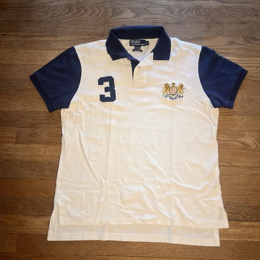 Ralph Lauren Mens Large Polo Shirt Custom Fit Golf Crest #5 White Cotton Vintage